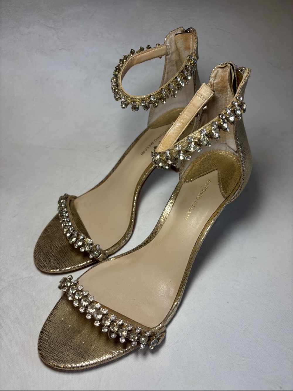 ANTONIO MELANI Gold Rhinestone Ankle-Strap Heels, size 7.5